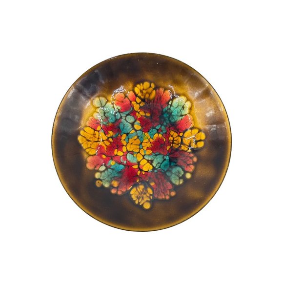 Enamel Over Copper Mid Century Signed Plate Blue Red Gold Round Dish Abstract - Picture 1 of 10